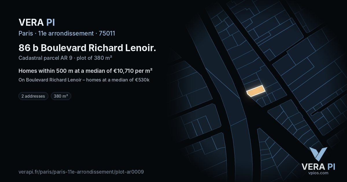 86 b Boulevard Richard Lenoir, 11e arrondissement at night – the plot lit, the parcels around coloured by the prices near them