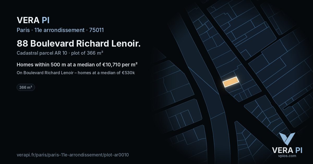 88 Boulevard Richard Lenoir, 11e arrondissement at night – the plot lit, the parcels around coloured by the prices near them