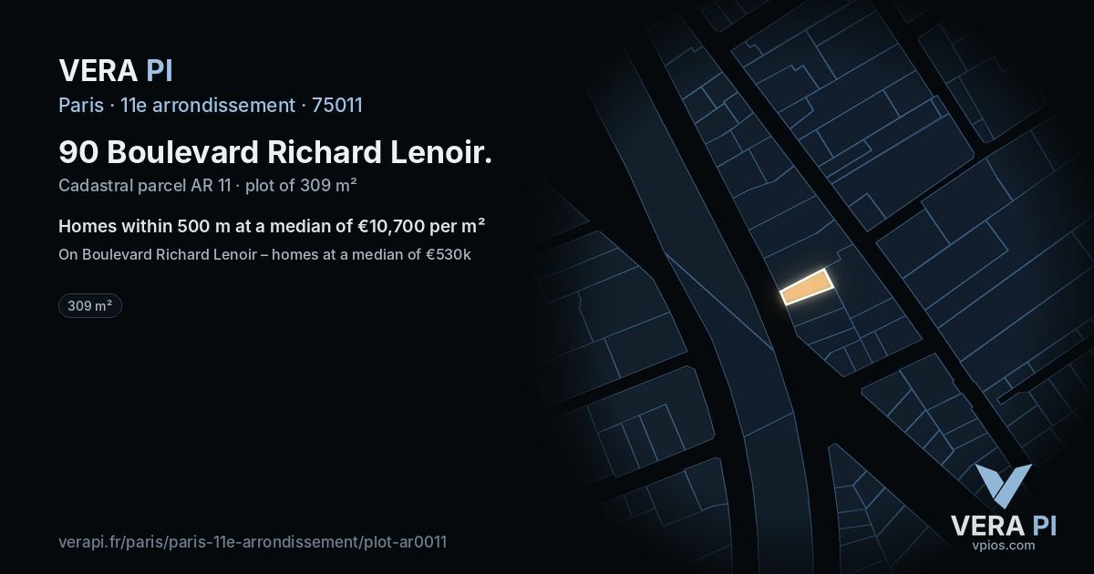 90 Boulevard Richard Lenoir, 11e arrondissement at night – the plot lit, the parcels around coloured by the prices near them