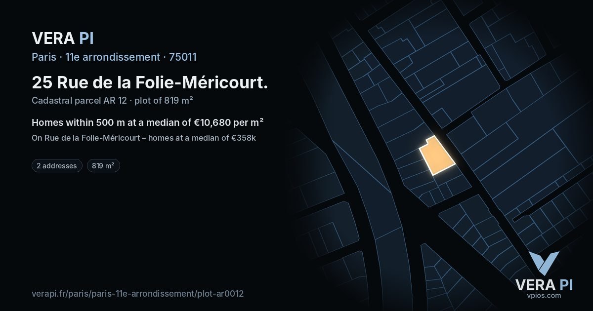 25 Rue de la Folie-Méricourt, 11e arrondissement at night – the plot lit, the parcels around coloured by the prices near them