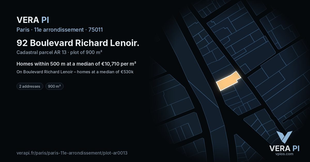 92 Boulevard Richard Lenoir, 11e arrondissement at night – the plot lit, the parcels around coloured by the prices near them