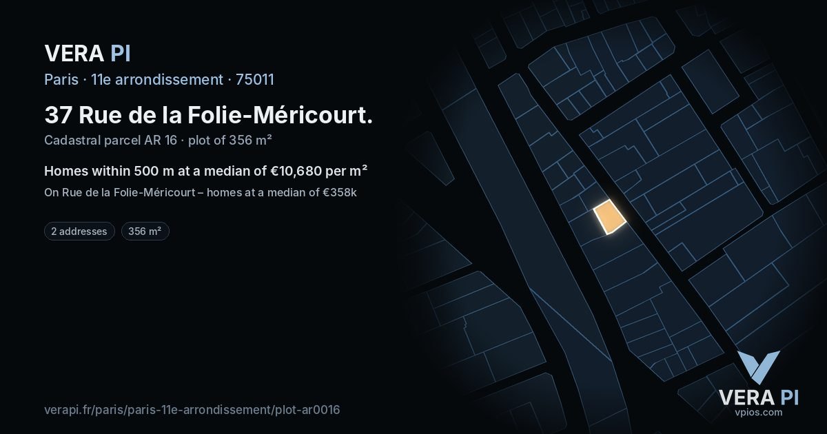 37 Rue de la Folie-Méricourt, 11e arrondissement at night – the plot lit, the parcels around coloured by the prices near them