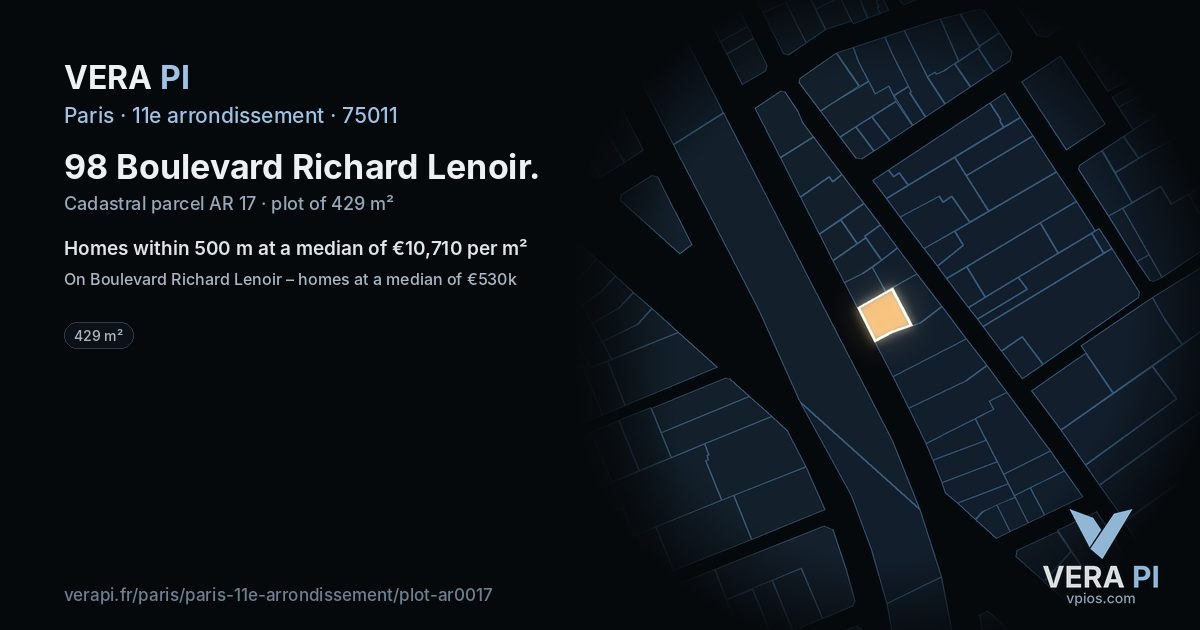98 Boulevard Richard Lenoir, 11e arrondissement at night – the plot lit, the parcels around coloured by the prices near them