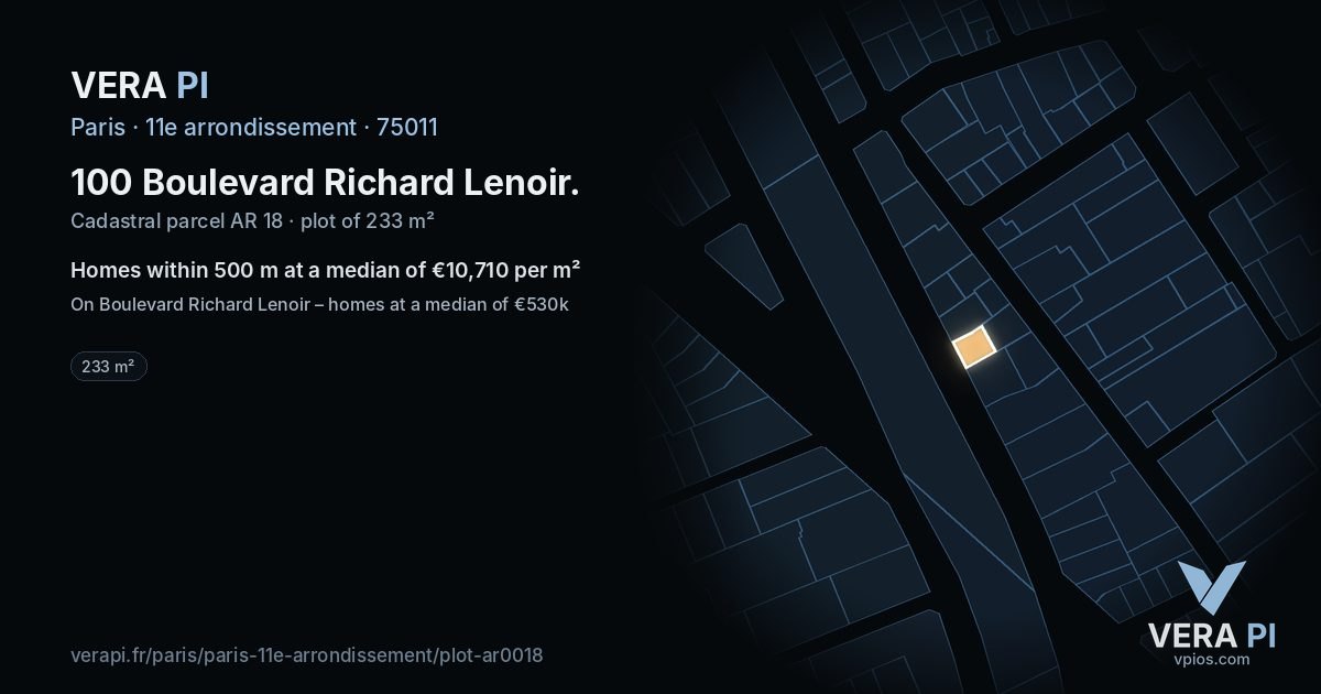 100 Boulevard Richard Lenoir, 11e arrondissement at night – the plot lit, the parcels around coloured by the prices near them