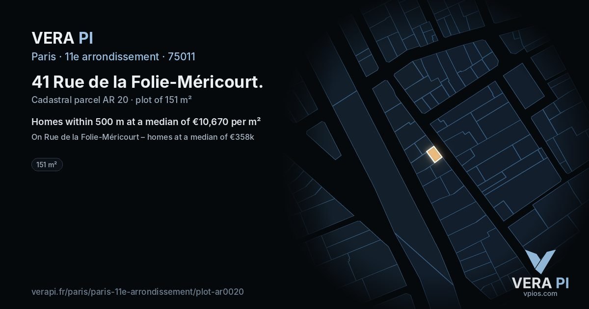 41 Rue de la Folie-Méricourt, 11e arrondissement at night – the plot lit, the parcels around coloured by the prices near them