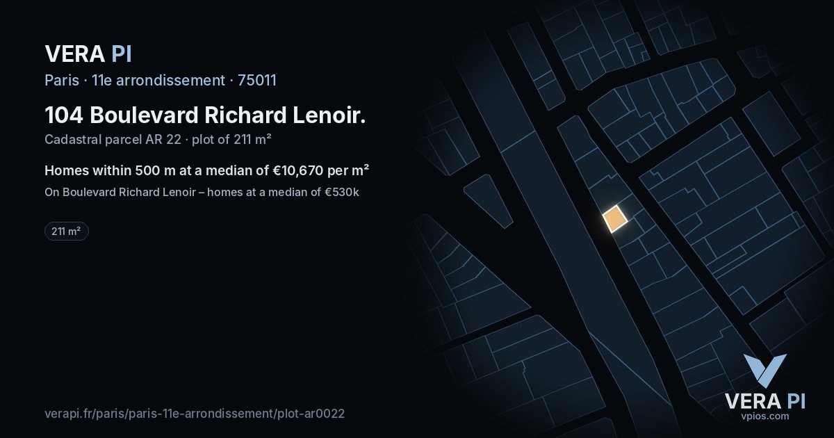 104 Boulevard Richard Lenoir, 11e arrondissement at night – the plot lit, the parcels around coloured by the prices near them