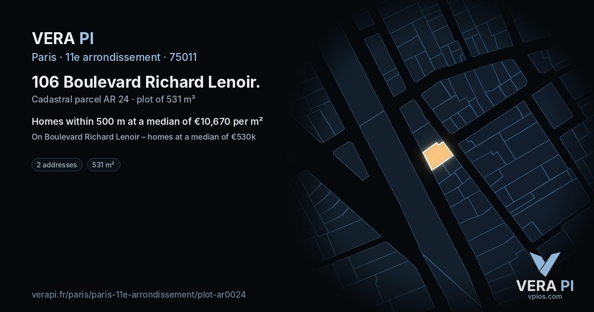 106 Boulevard Richard Lenoir, 11e arrondissement at night – the plot lit, the parcels around coloured by the prices near them