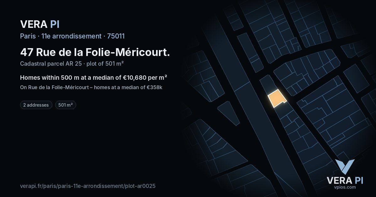 47 Rue de la Folie-Méricourt, 11e arrondissement at night – the plot lit, the parcels around coloured by the prices near them
