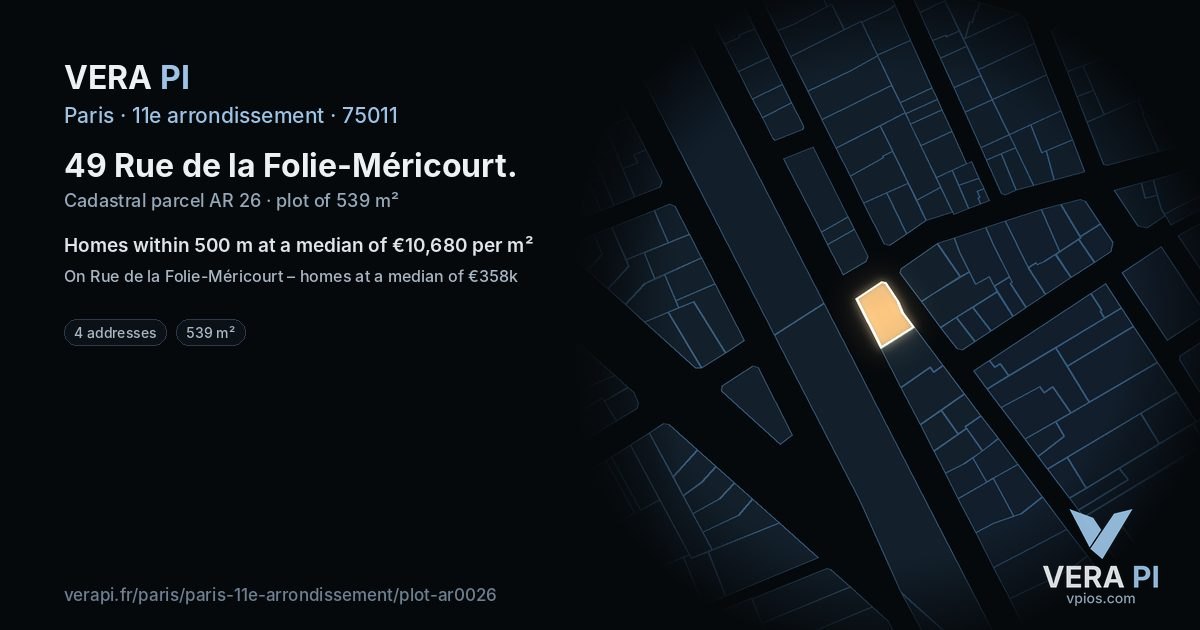 49 Rue de la Folie-Méricourt, 11e arrondissement at night – the plot lit, the parcels around coloured by the prices near them