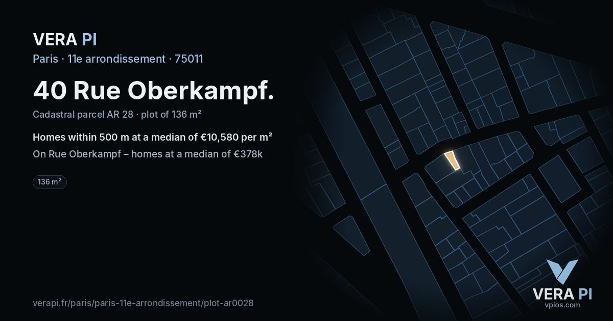 40 Rue Oberkampf, 11e arrondissement at night – the plot lit, the parcels around coloured by the prices near them