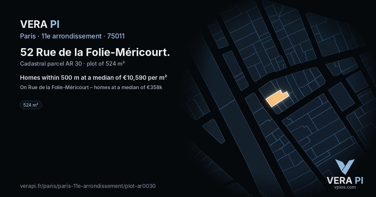 52 Rue de la Folie-Méricourt, 11e arrondissement at night – the plot lit, the parcels around coloured by the prices near them