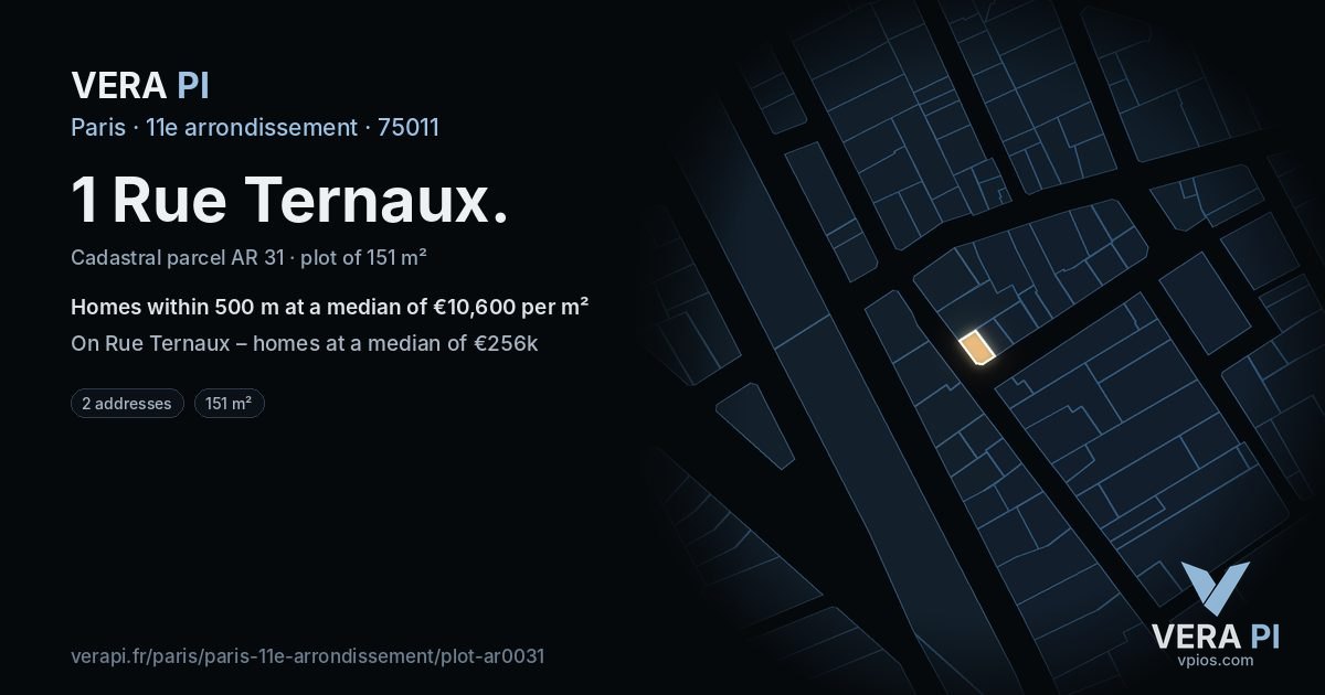 1 Rue Ternaux, 11e arrondissement at night – the plot lit, the parcels around coloured by the prices near them