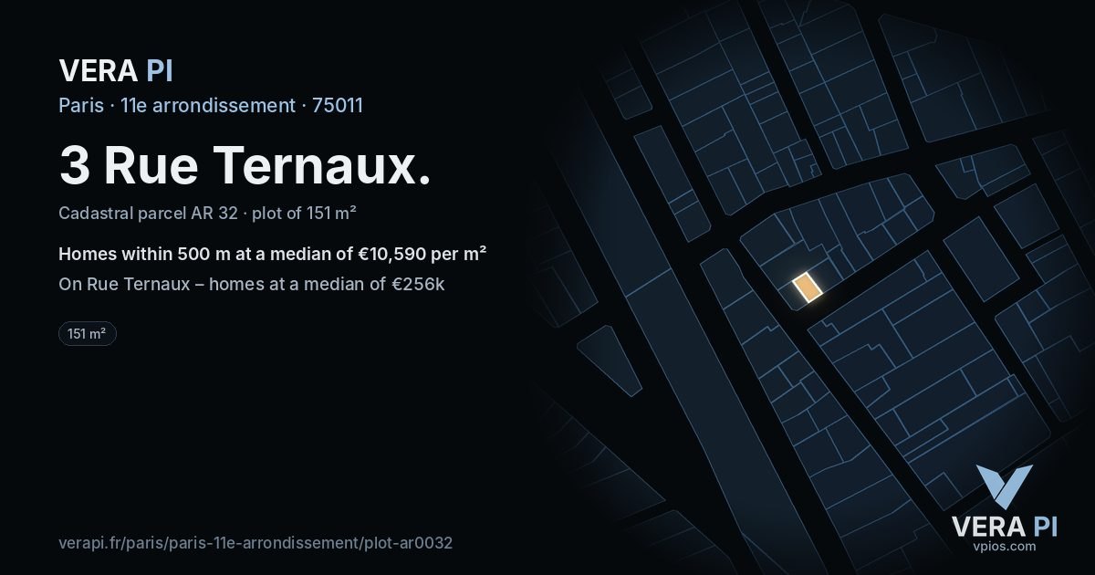 3 Rue Ternaux, 11e arrondissement at night – the plot lit, the parcels around coloured by the prices near them