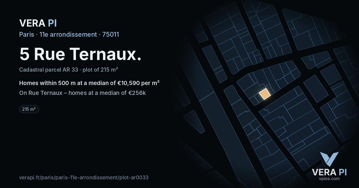5 Rue Ternaux, 11e arrondissement at night – the plot lit, the parcels around coloured by the prices near them
