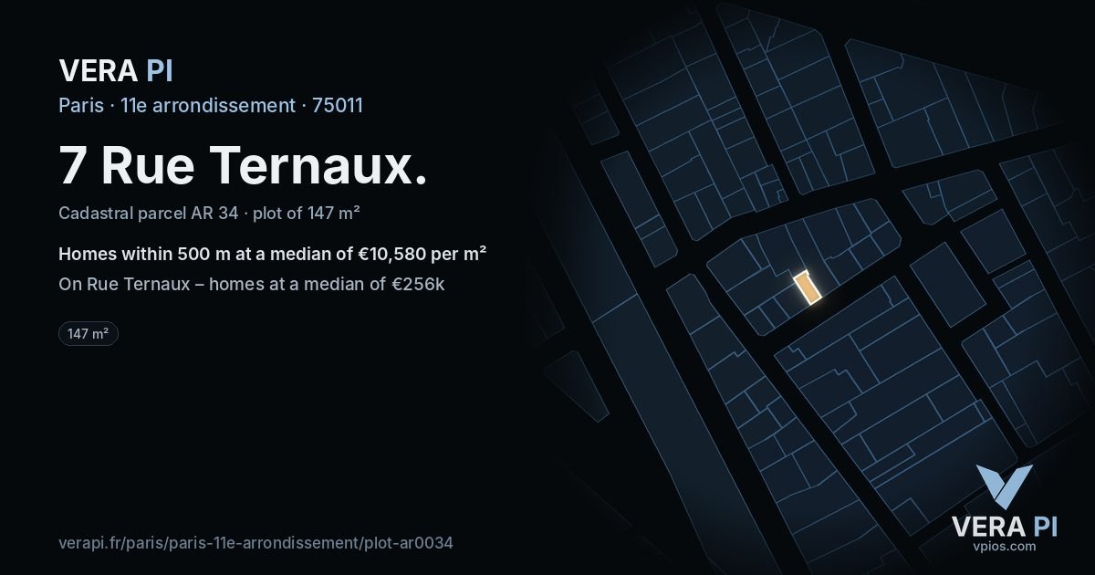 7 Rue Ternaux, 11e arrondissement at night – the plot lit, the parcels around coloured by the prices near them