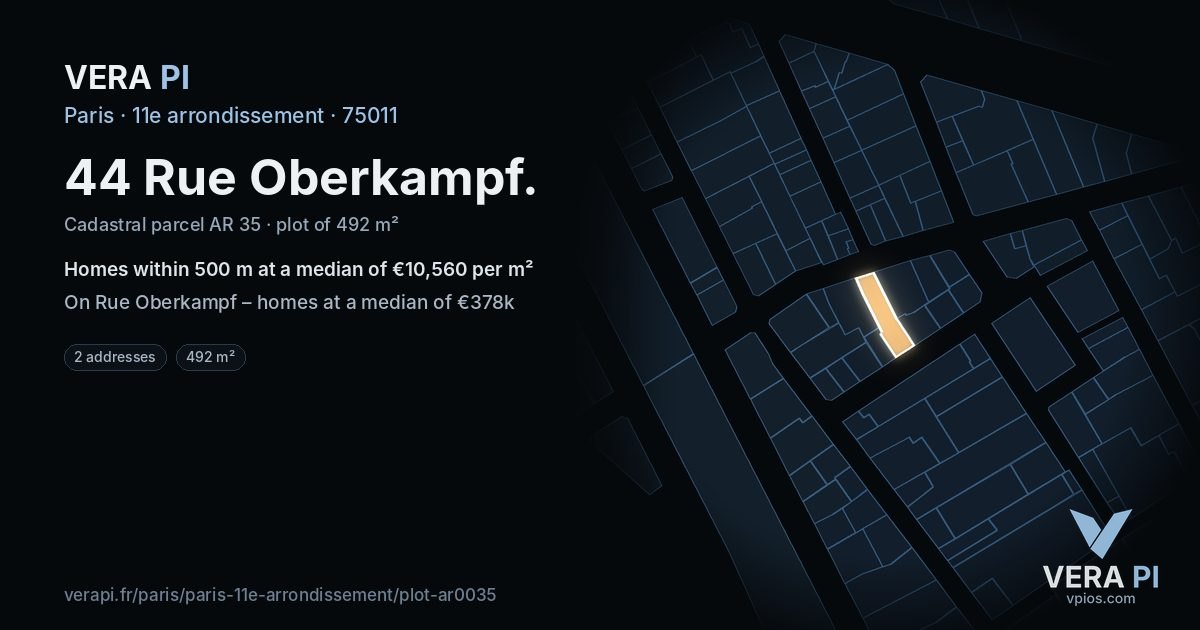 44 Rue Oberkampf, 11e arrondissement at night – the plot lit, the parcels around coloured by the prices near them