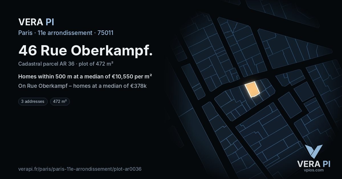 46 Rue Oberkampf, 11e arrondissement at night – the plot lit, the parcels around coloured by the prices near them
