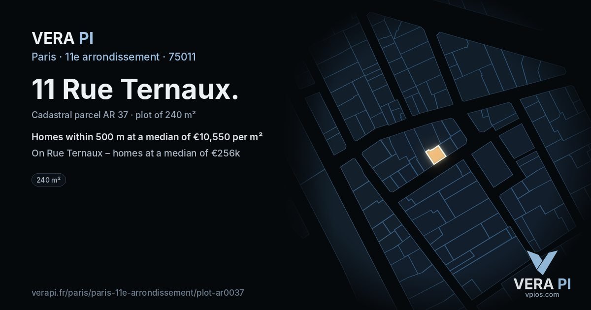 11 Rue Ternaux, 11e arrondissement at night – the plot lit, the parcels around coloured by the prices near them