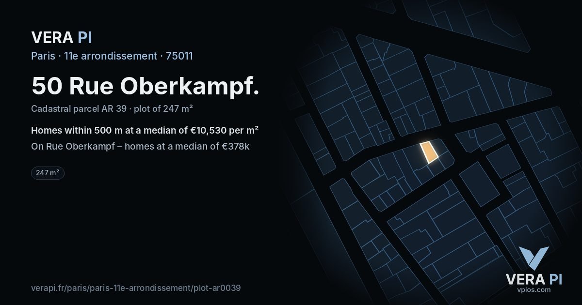 50 Rue Oberkampf, 11e arrondissement at night – the plot lit, the parcels around coloured by the prices near them