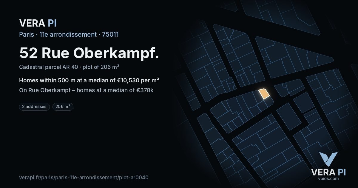 52 Rue Oberkampf, 11e arrondissement at night – the plot lit, the parcels around coloured by the prices near them
