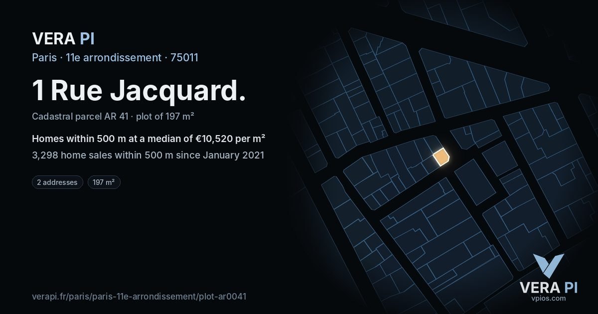 1 Rue Jacquard, 11e arrondissement at night – the plot lit, the parcels around coloured by the prices near them