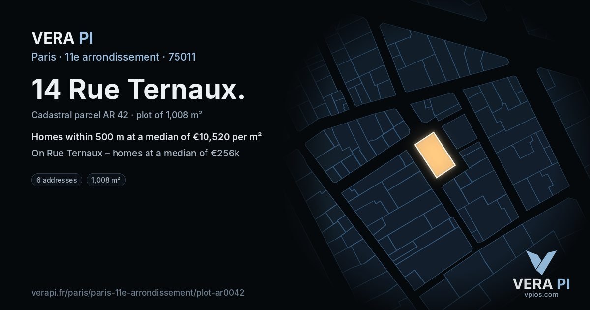 14 Rue Ternaux, 11e arrondissement at night – the plot lit, the parcels around coloured by the prices near them