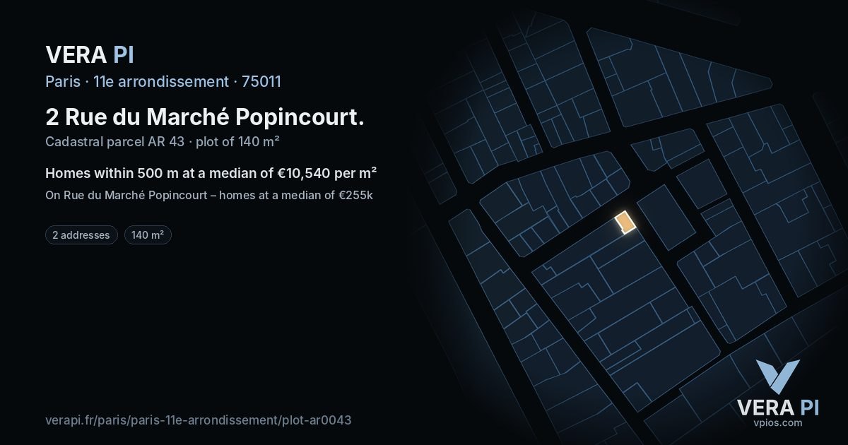 2 Rue du Marché Popincourt, 11e arrondissement at night – the plot lit, the parcels around coloured by the prices near them