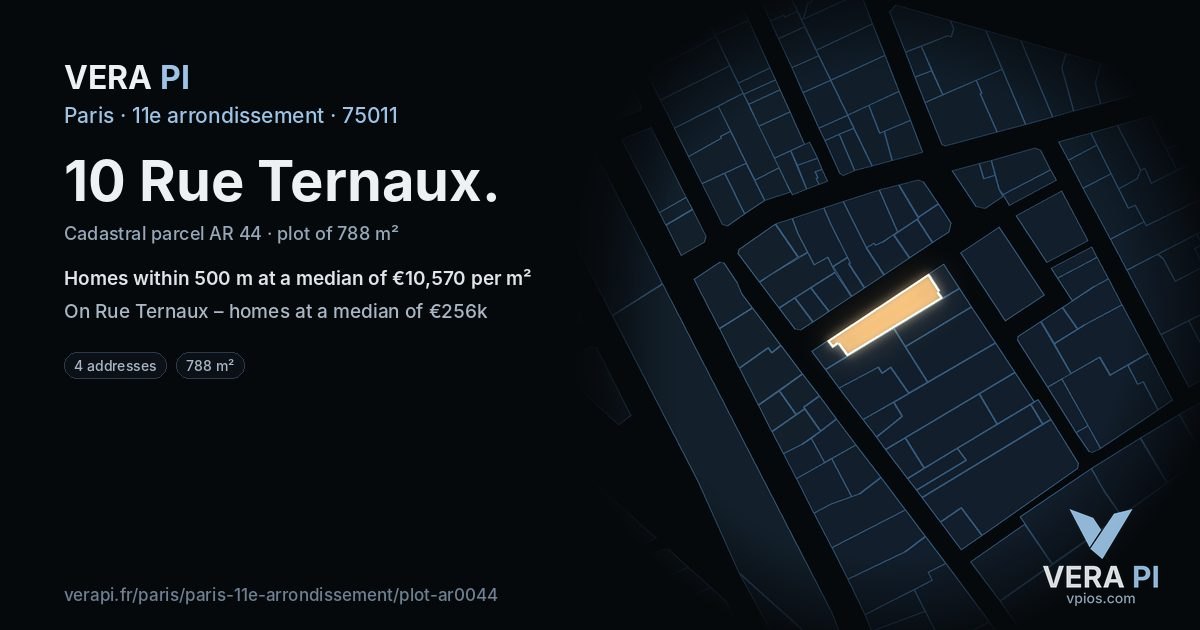 10 Rue Ternaux, 11e arrondissement at night – the plot lit, the parcels around coloured by the prices near them