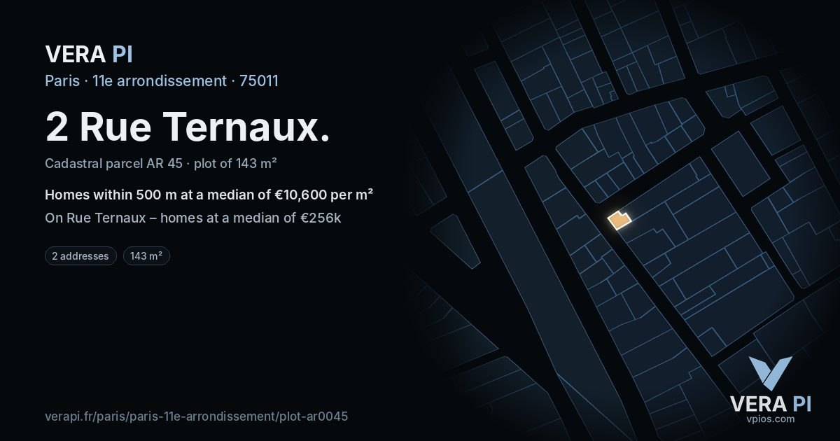 2 Rue Ternaux, 11e arrondissement at night – the plot lit, the parcels around coloured by the prices near them