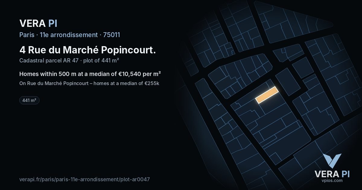 4 Rue du Marché Popincourt, 11e arrondissement at night – the plot lit, the parcels around coloured by the prices near them