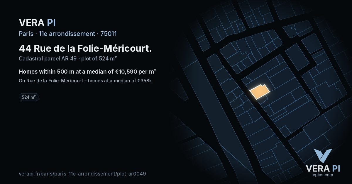 44 Rue de la Folie-Méricourt, 11e arrondissement at night – the plot lit, the parcels around coloured by the prices near them
