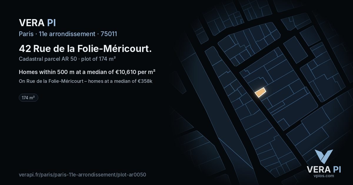 42 Rue de la Folie-Méricourt, 11e arrondissement at night – the plot lit, the parcels around coloured by the prices near them