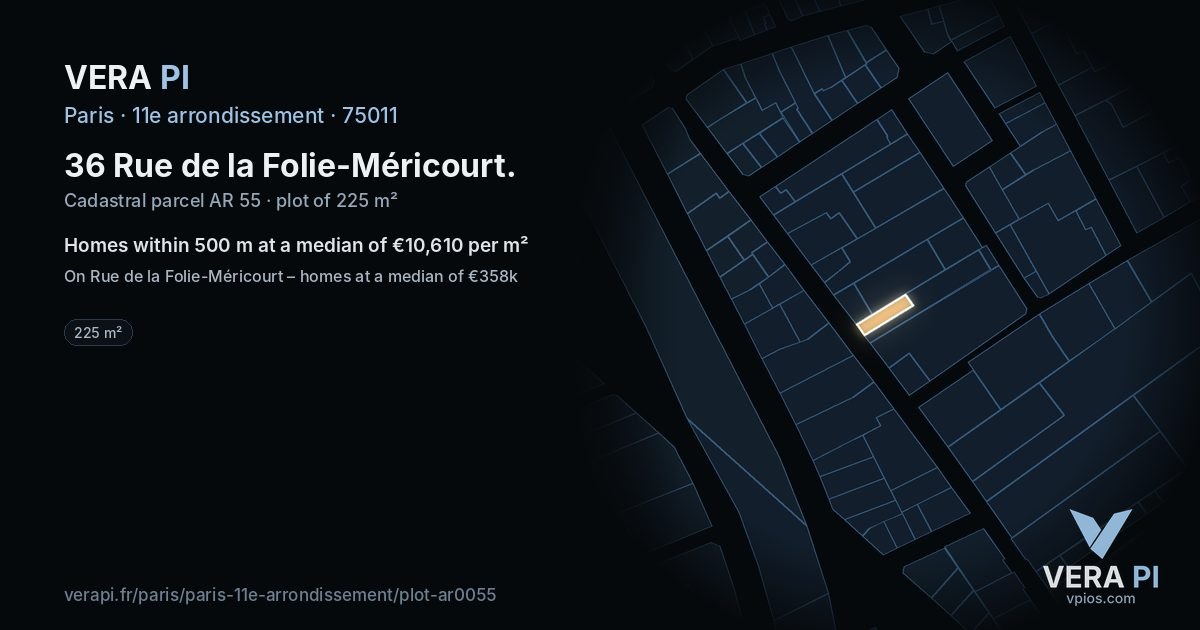 36 Rue de la Folie-Méricourt, 11e arrondissement at night – the plot lit, the parcels around coloured by the prices near them