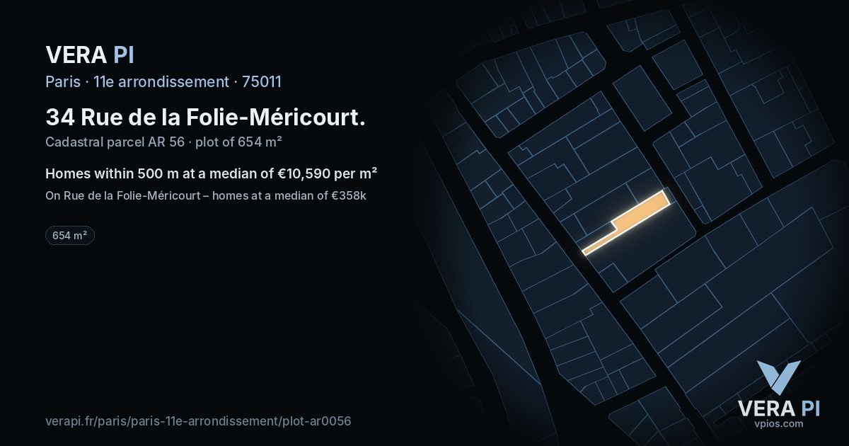 34 Rue de la Folie-Méricourt, 11e arrondissement at night – the plot lit, the parcels around coloured by the prices near them