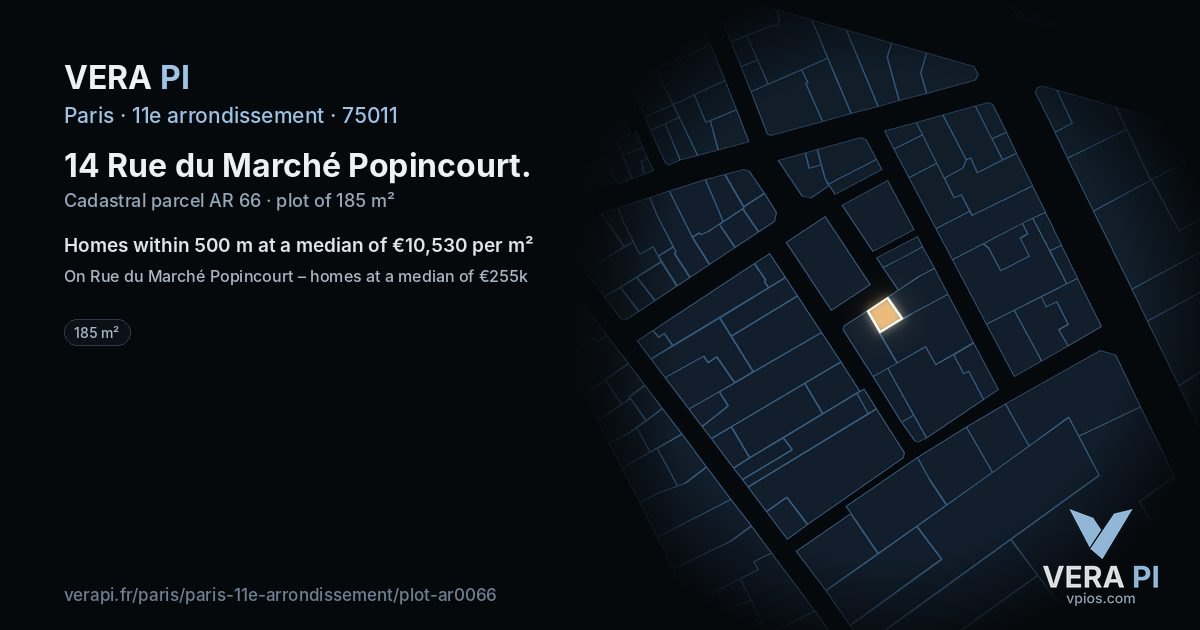 14 Rue du Marché Popincourt, 11e arrondissement at night – the plot lit, the parcels around coloured by the prices near them