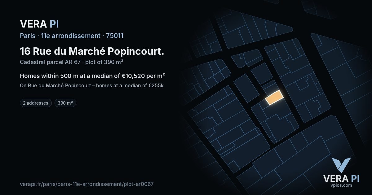 16 Rue du Marché Popincourt, 11e arrondissement at night – the plot lit, the parcels around coloured by the prices near them