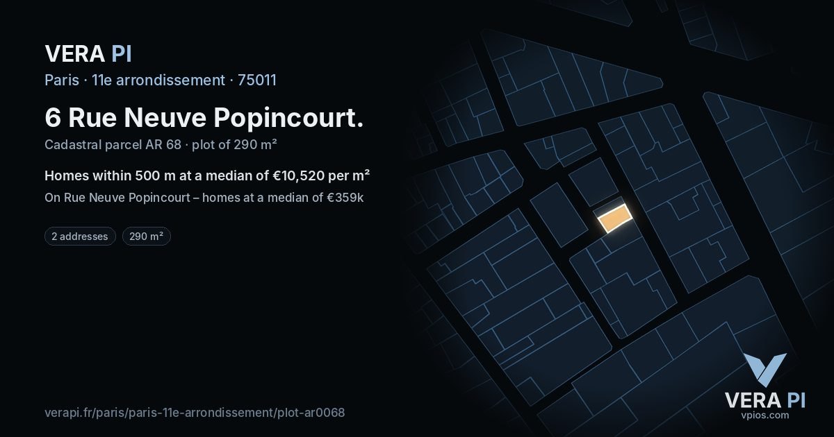 6 Rue Neuve Popincourt, 11e arrondissement at night – the plot lit, the parcels around coloured by the prices near them