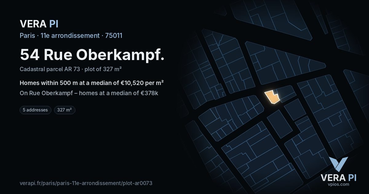 54 Rue Oberkampf, 11e arrondissement at night – the plot lit, the parcels around coloured by the prices near them