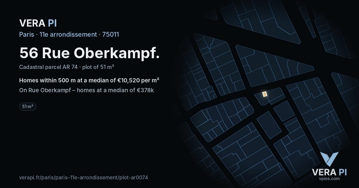 56 Rue Oberkampf, 11e arrondissement at night – the plot lit, the parcels around coloured by the prices near them