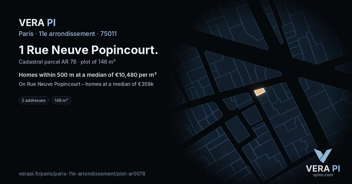 1 Rue Neuve Popincourt, 11e arrondissement at night – the plot lit, the parcels around coloured by the prices near them
