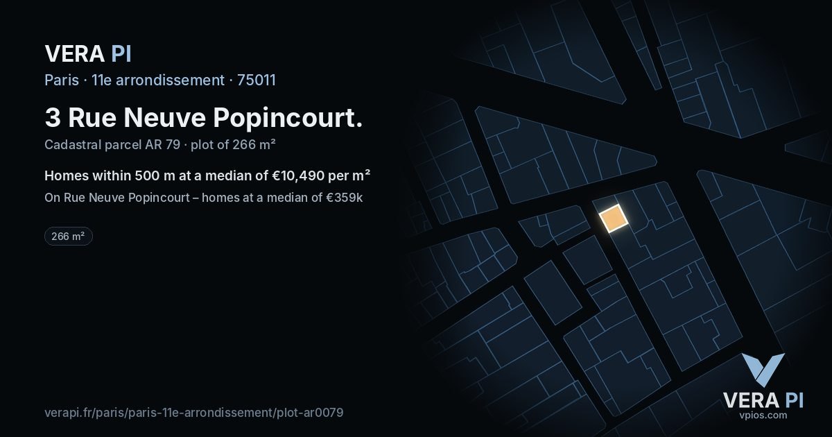 3 Rue Neuve Popincourt, 11e arrondissement at night – the plot lit, the parcels around coloured by the prices near them