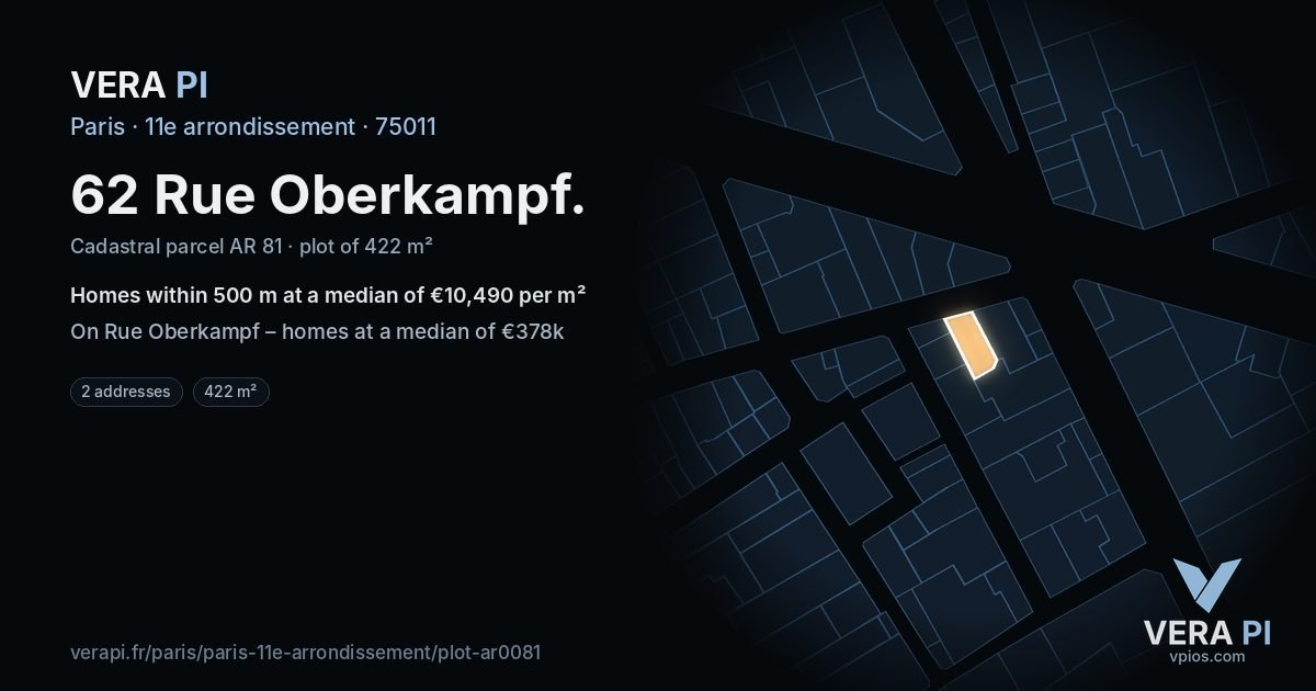 62 Rue Oberkampf, 11e arrondissement at night – the plot lit, the parcels around coloured by the prices near them