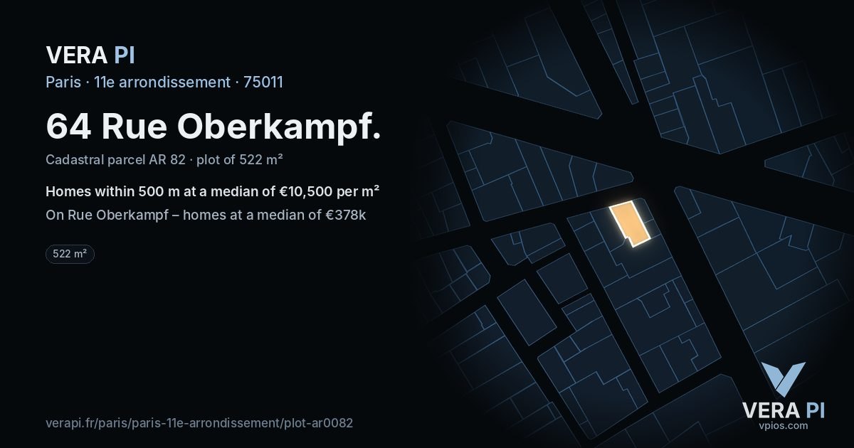 64 Rue Oberkampf, 11e arrondissement at night – the plot lit, the parcels around coloured by the prices near them