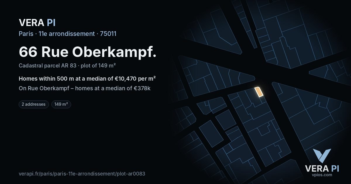 66 Rue Oberkampf, 11e arrondissement at night – the plot lit, the parcels around coloured by the prices near them