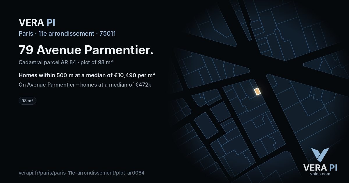 79 Avenue Parmentier, 11e arrondissement at night – the plot lit, the parcels around coloured by the prices near them