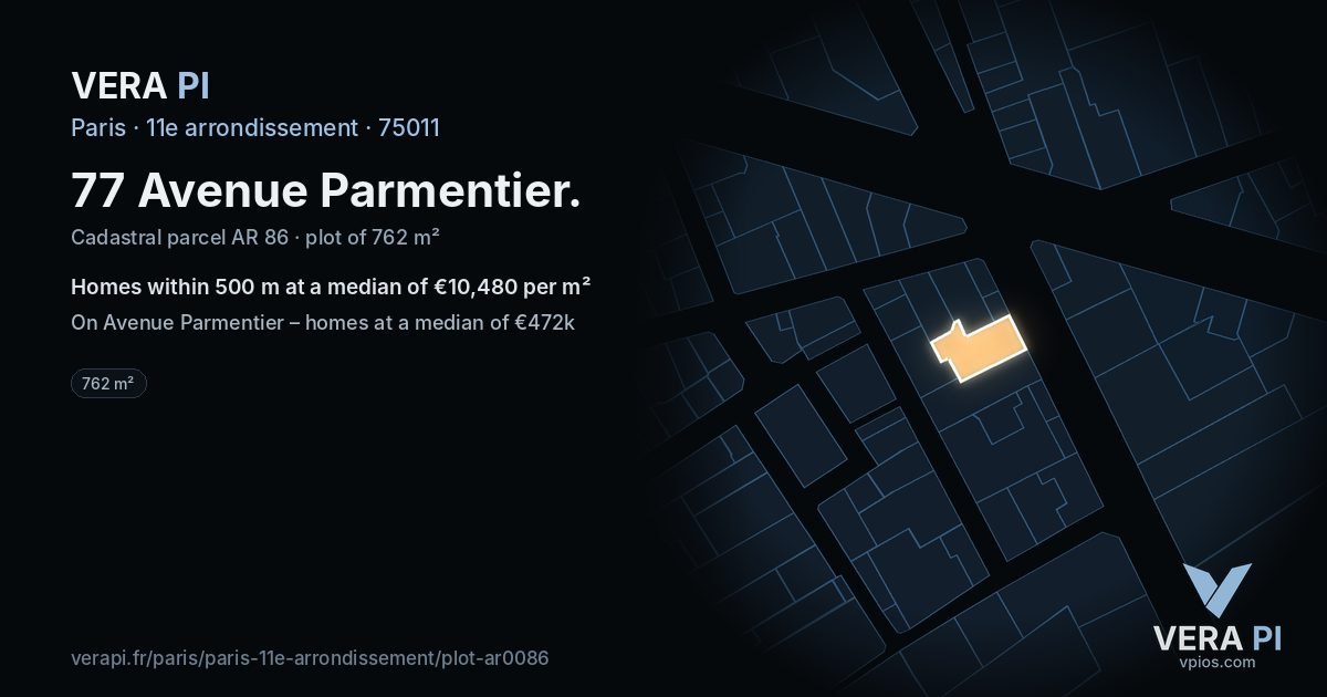 77 Avenue Parmentier, 11e arrondissement at night – the plot lit, the parcels around coloured by the prices near them