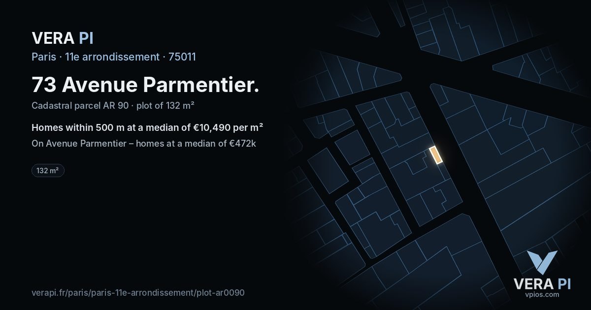 73 Avenue Parmentier, 11e arrondissement at night – the plot lit, the parcels around coloured by the prices near them