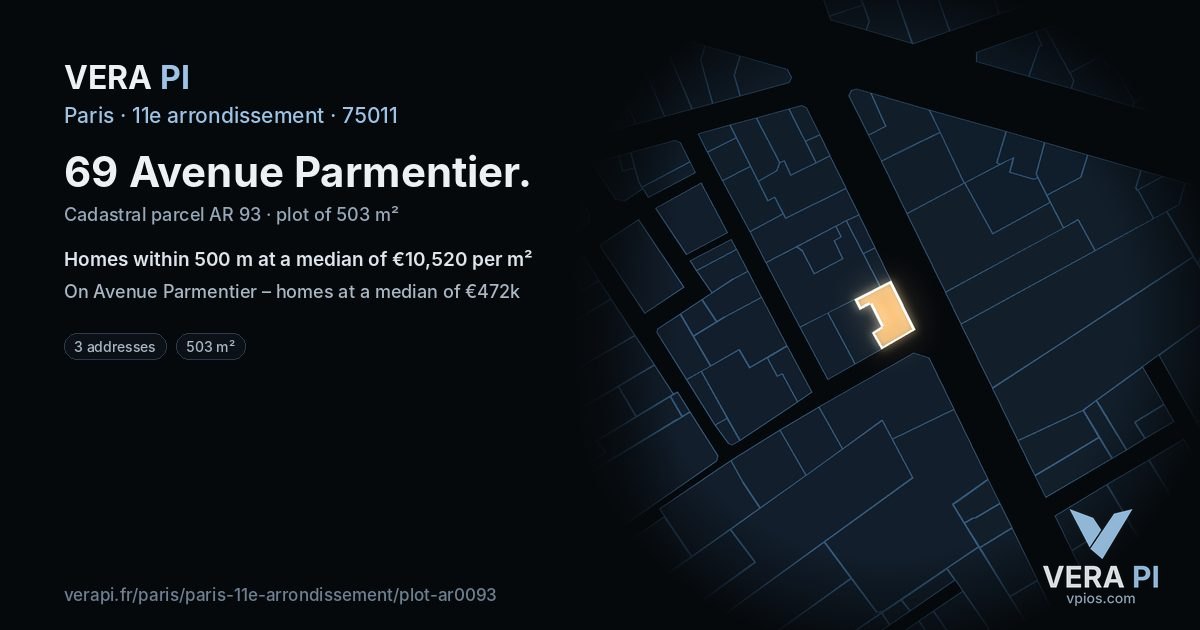69 Avenue Parmentier, 11e arrondissement at night – the plot lit, the parcels around coloured by the prices near them