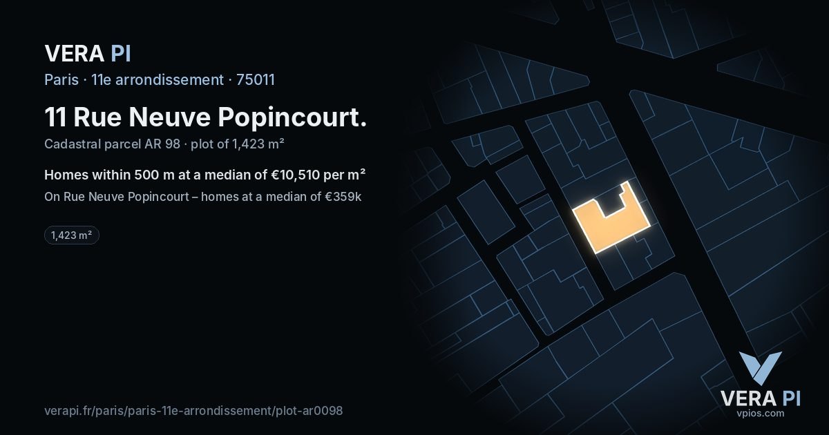 11 Rue Neuve Popincourt, 11e arrondissement at night – the plot lit, the parcels around coloured by the prices near them