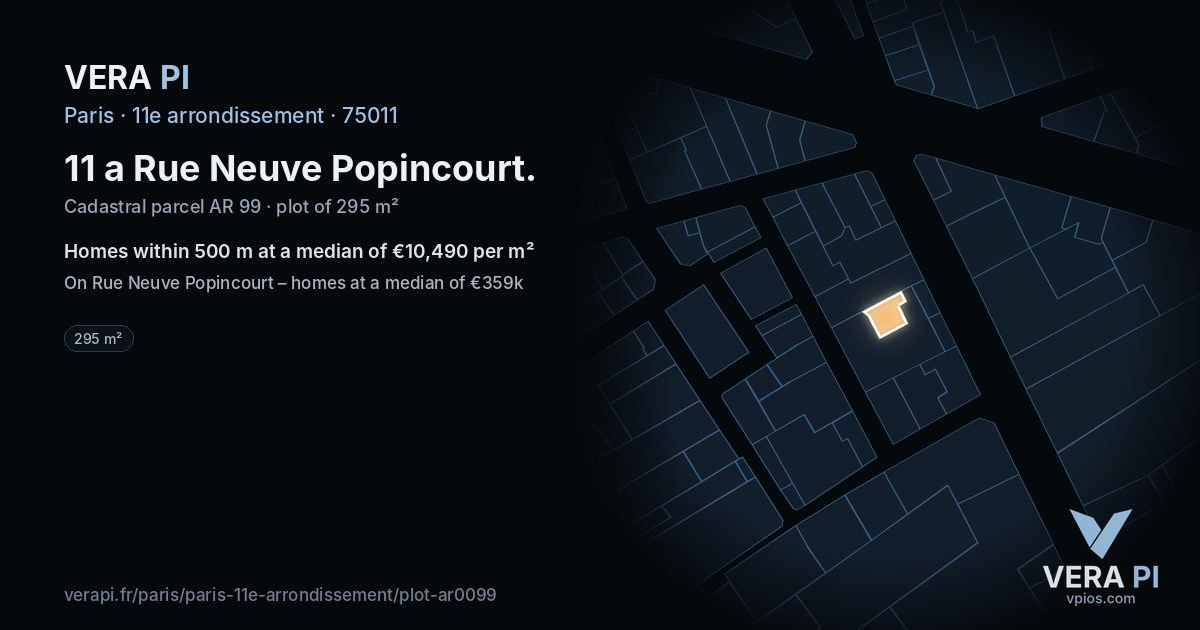 11 a Rue Neuve Popincourt, 11e arrondissement at night – the plot lit, the parcels around coloured by the prices near them
